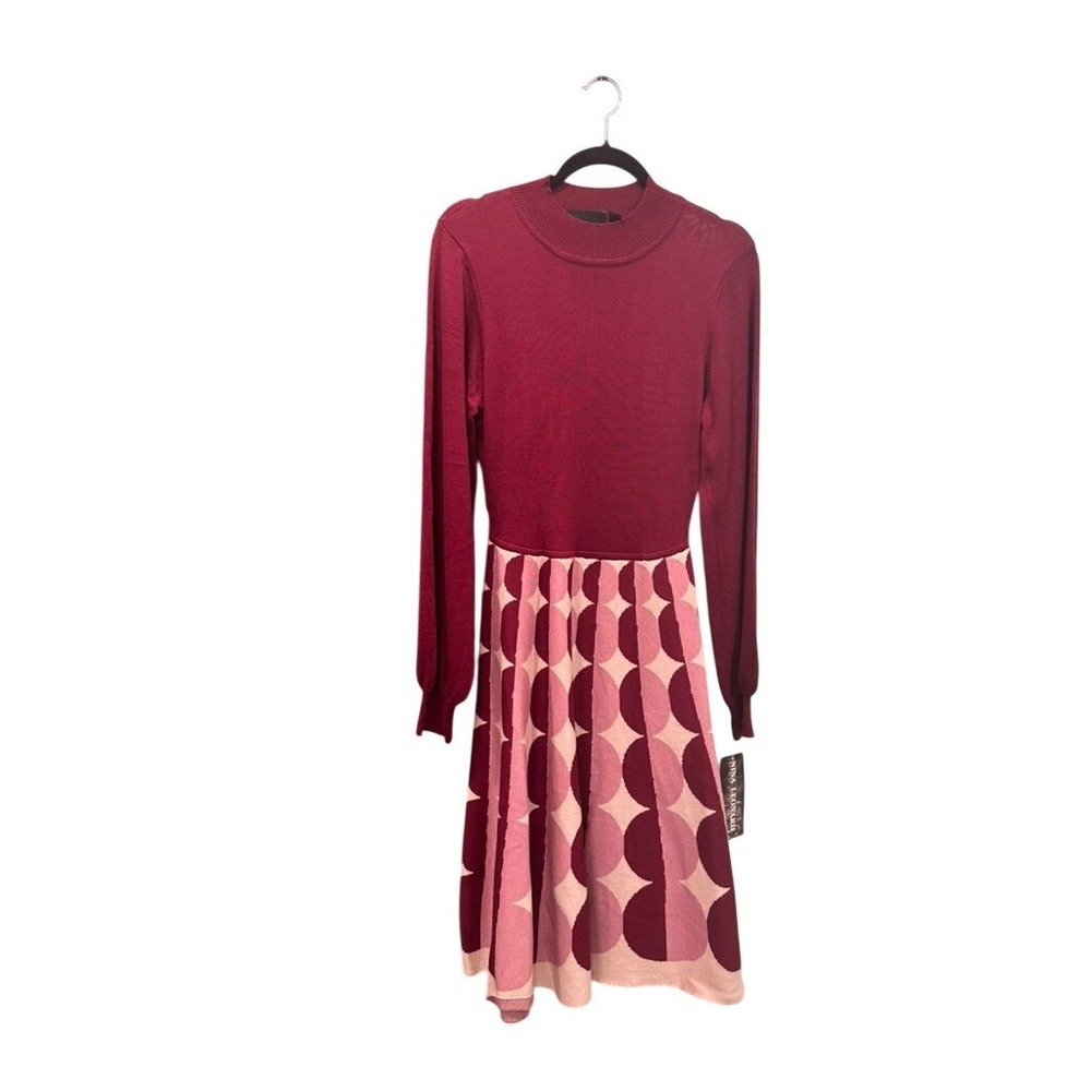 Nina Leonard Deep Wine Multi Geometric Long Sleeve Sweater Dress L2360AF Medium